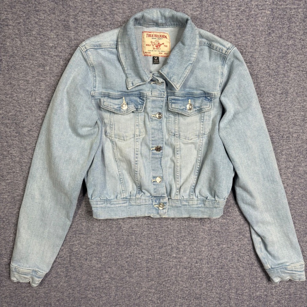 True Religion Womens Light Wash Cropped Denim Trucker Jacket XS Pockets Read